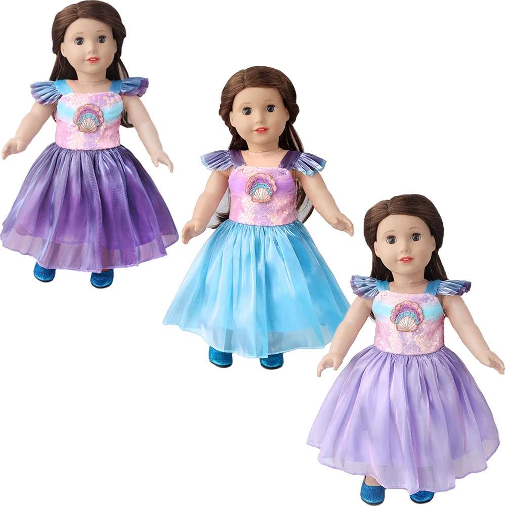 

3Pcs Doll Clothes Kawaii Blue Skirts Purple Dress Pink Shell Shoes Toy Accessories For 18 Inch &43cm Baby DIY Toys For Girls