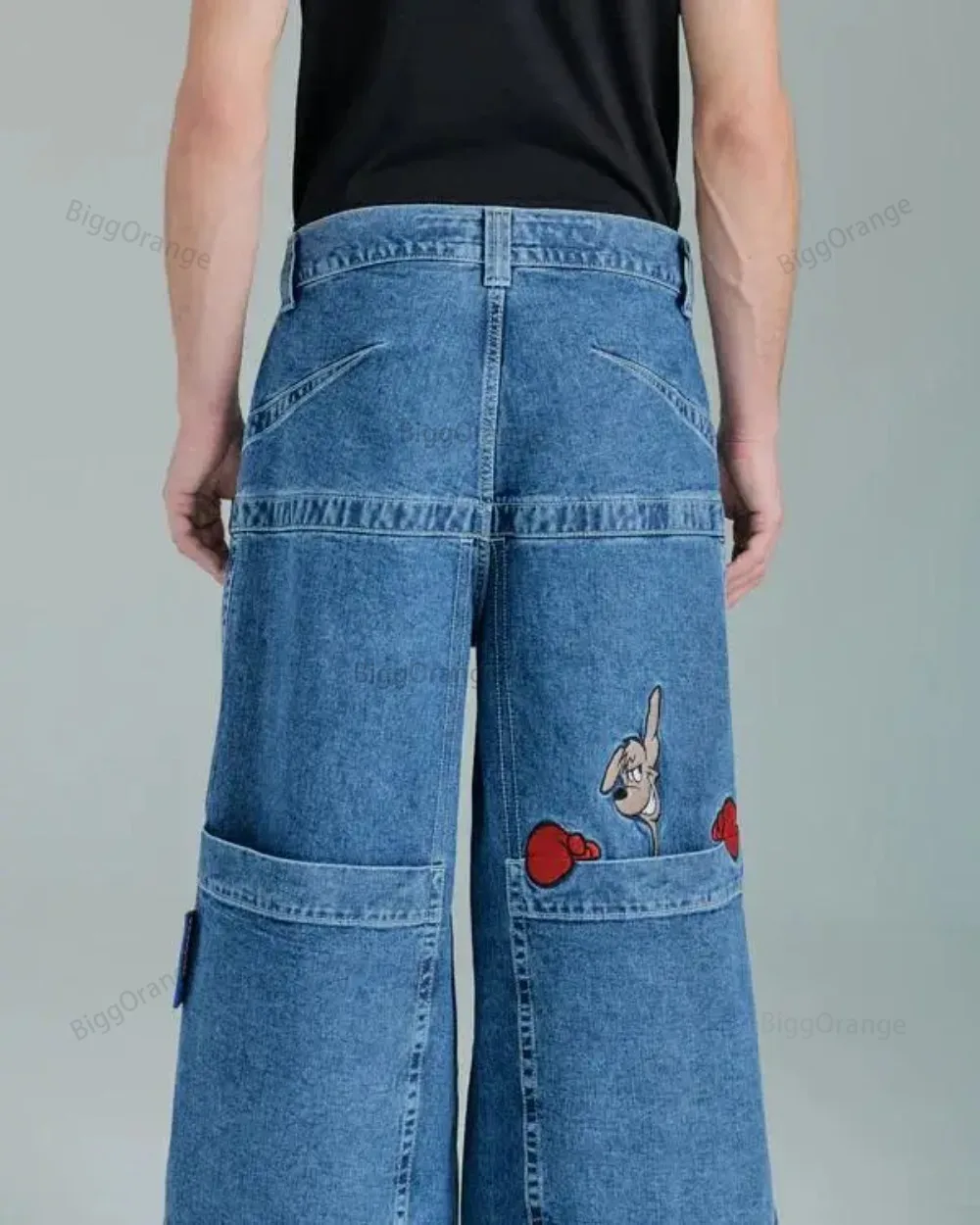 Harajuku Personality Big Pocket Boxing Kangaroo Print Wash Wide Leg Jeans Y2K HipHop Street Casual Loose Denim for Men and Women