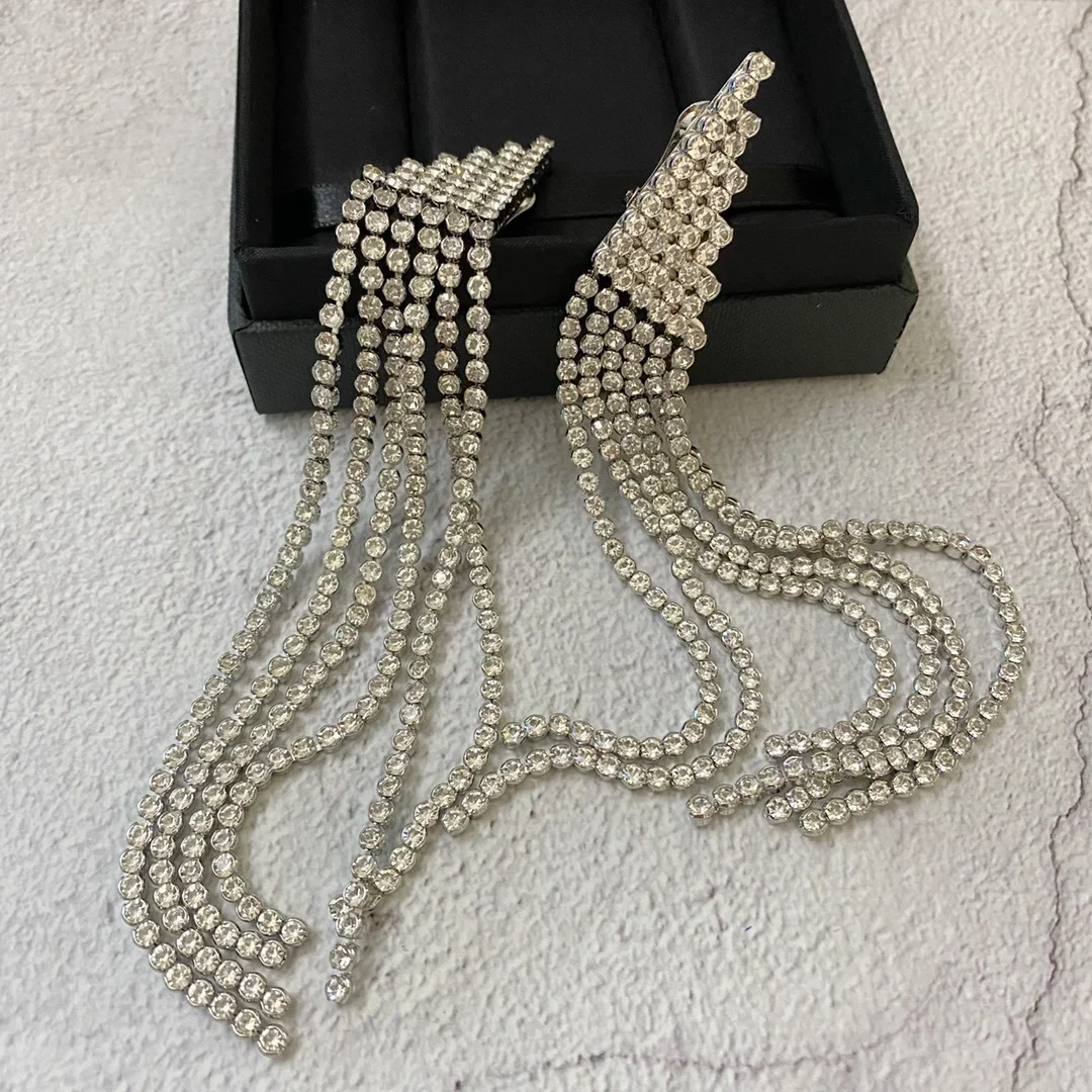 

Europe Fashion Jewelry Crystal Tassel Long Ear Clip Earrings Women Top Quality Shine Luxury Brand Runway Trend 2023