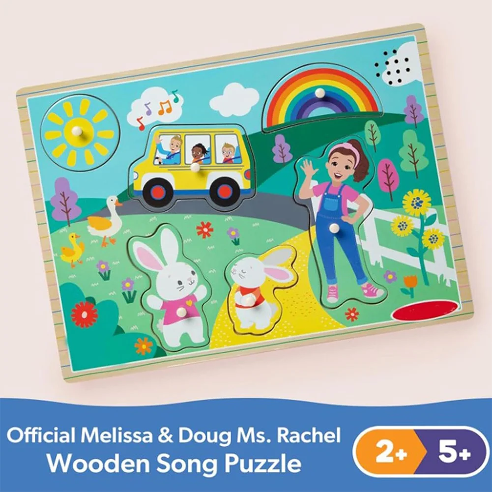Wooden Song Peg Puzzle 6pc Wooden Ms Rachel Cartoon Scene Puzzles with Songs Musical Puzzle Toy Peg Puzzles Board for Kids 2-6Y 4