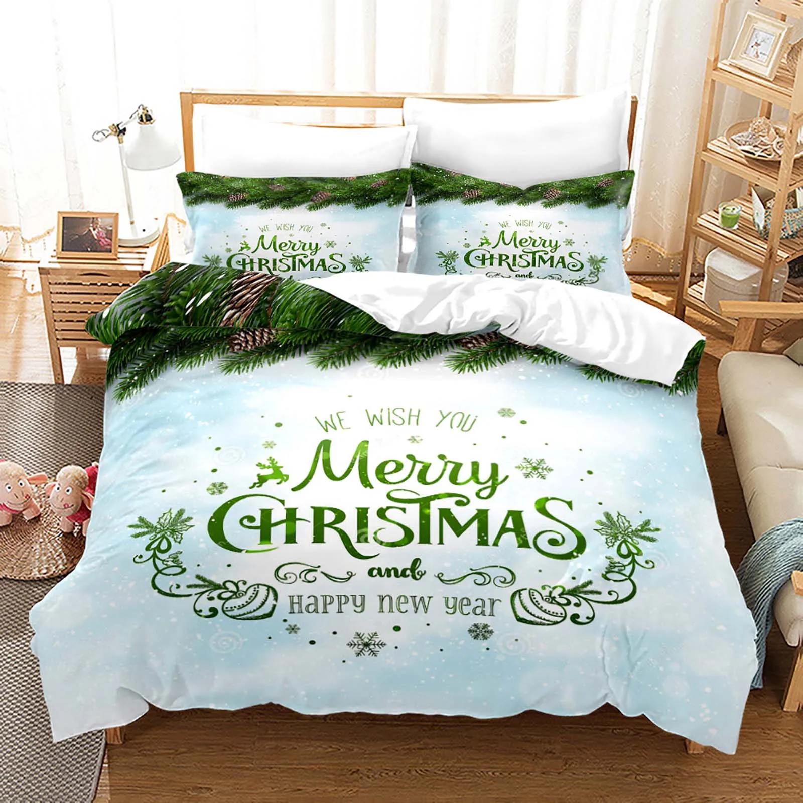 Kids Christmas Bedding Set – Snowman & Tree Duvet Cover, Pink Dots Theme, 2-Piece Toddler Size, Polyester Microfiber