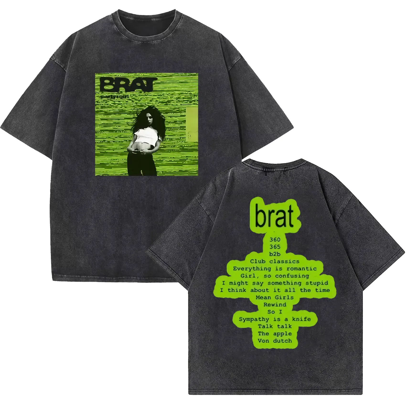 Charli Xcx Brat 2024 Tour Album Letter Print T Shirts Men Hip Hop High Quality Vintage Washed Fashion T-shirt Unisex Streetwear 5