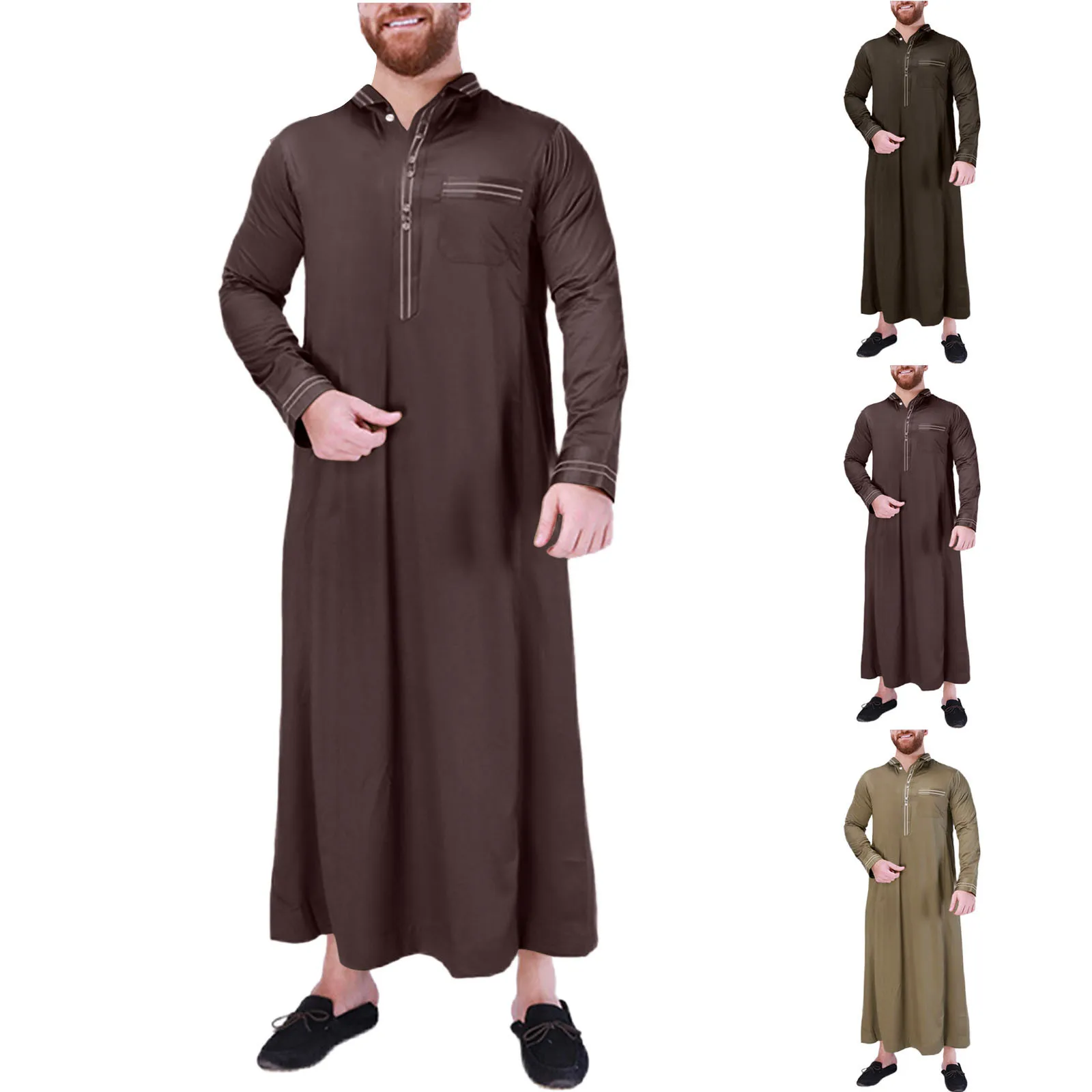 

Fashion Muslim Thobe Jubba Mens Robe Vintage Long Sleeve Saudi Arab Islamic Indian Dress Robe Lapel button Kaftan Eid Ramadan