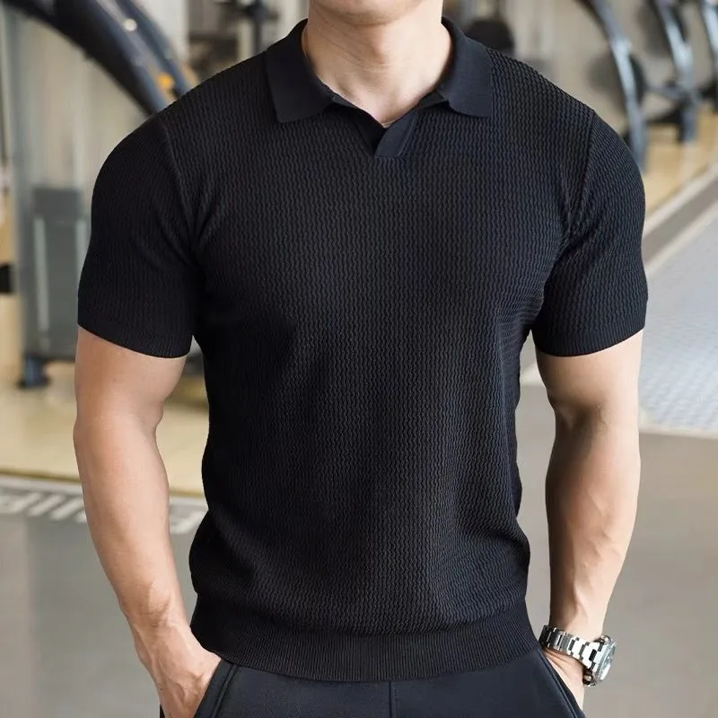 Men's Knitted Business Polo Shirt Summer Ice Silk Breathable Elastic Slim Fit Solid Color Lapel Short Sleeve Knitted T-Shirt Top