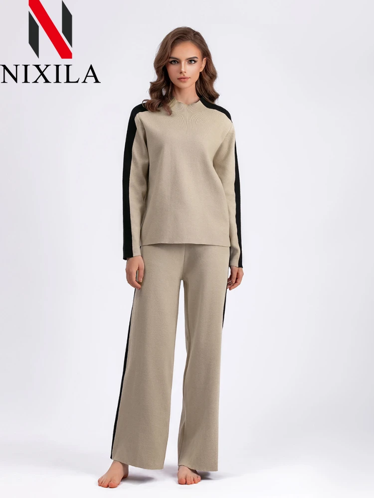 

New In Autumn Winter Knitted Pullover Suit Pants Half-turtleneck Contrast Panelling Stylish Women's Sweater Pants Two Piece Sets