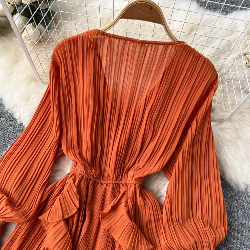 Purple/Brown/Red Chiffon Pleated Long Dress Women Vintage V-Neck Flare Sleeve Draped Ruffle Vestido Female Maxi Robe Spring Fall party dresses for women