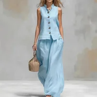 Nouvel ensemble deux pièces pour femme en coton et lin, comprenant un gilet sans manches à col montant et un pantalon large, collection été 2026 3