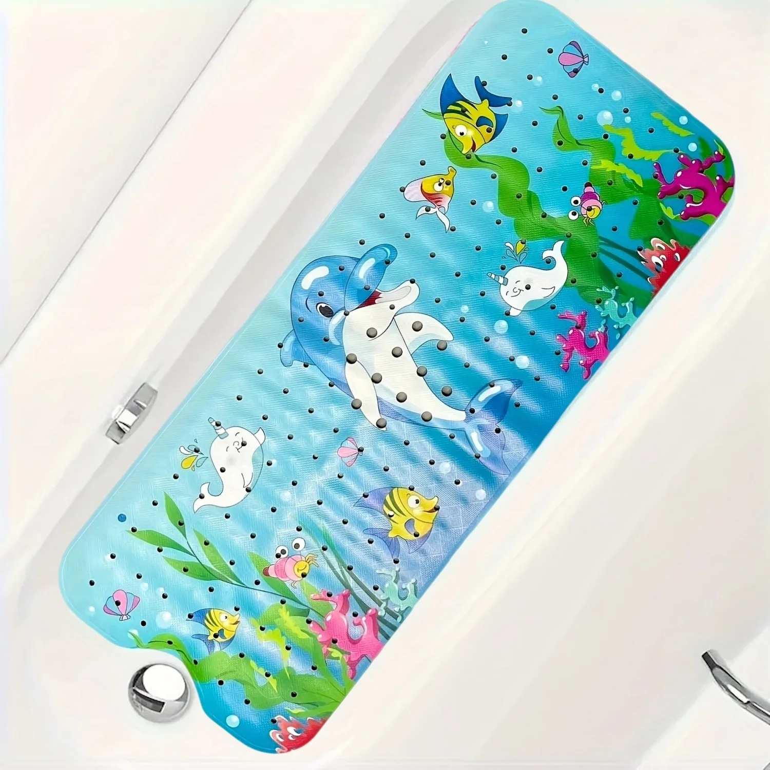 Extra Long Non-Slip Cartoon Bath Mat with Secure Suction Cups & Drain Holes