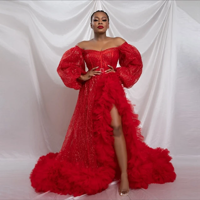 Extra Puffy Red Tulle Prom Dresses Aso Ebi Style Puffy Shoulder Ruffles  Ball Gown Long Evening Dressing Gowns - Evening Dresses - AliExpress