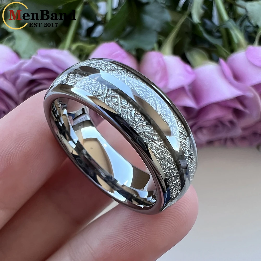 MenBand Fashion 8MM Men And Women Tungsten Wedding Band Ring With Double Groove White Meteorite Inlay Comfort Fit Size 6-15