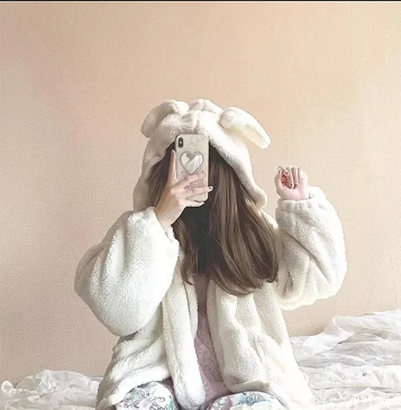 Winter Jacket Women's Zipper Oversized Soft Harajuku Kawaii Hooded Rabbit Ears Plush Faux Cashmere Coat Plus Velvet Padded 2024