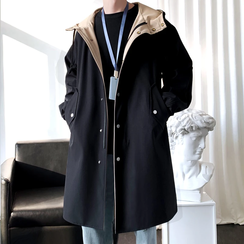 Trench Men Fashion Turn Down Collar Hooded Trenchcoat Autumn Single-breasted Loose Windbreaker Casual Overcoat Fake Two Piece trench coat warmth coat waterproof windbreaker jacket casual men jacket