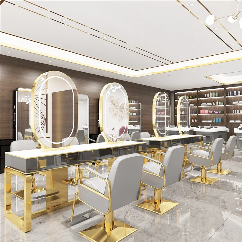 A hair salon dedicated hairdressing shop with a desktop illuminated mirror table, simple and modern four-sided mirror table