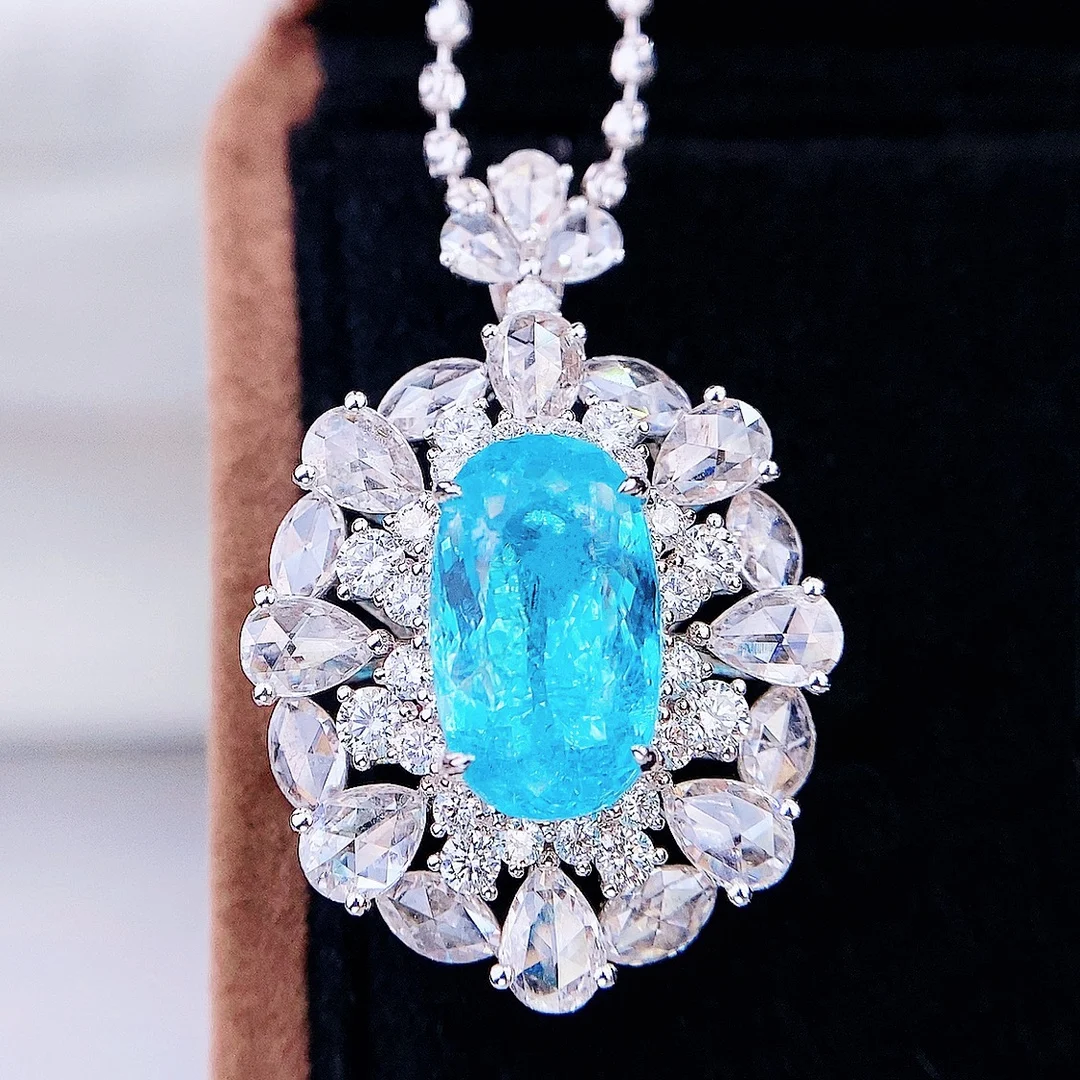 GUILD HJY Pure 18K Gold Jewelry Real Paraiba Tourmaline Gemstones 4.16ct Diamonds Certificated Pendant Necklaces