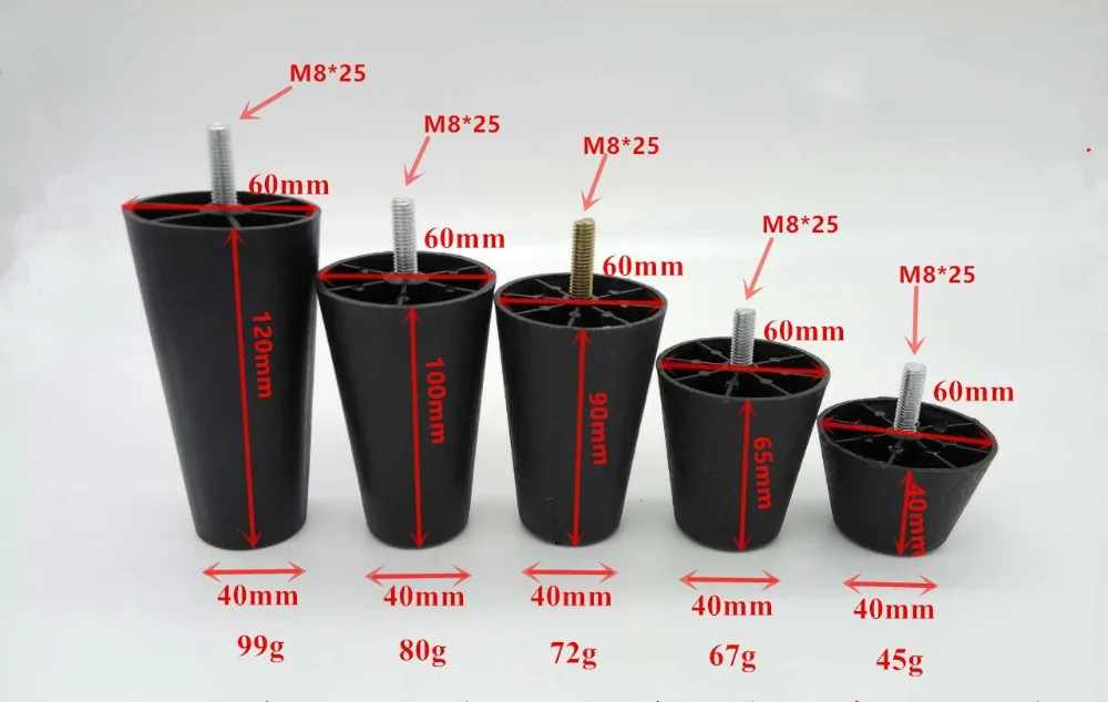 

Ножки для мебели, круглые конические черные пластиковые ножки с монтажными пластинами, хвостовик с резьбой M8 * 25 для дивана и стула высотой 4-12 см, 4 шт.