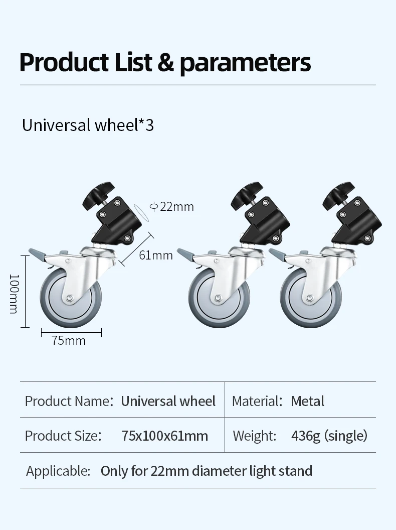 3 PCS Tripod Wheel Heavy Duty 22 MM Diameter Metal For Photography Photo Century