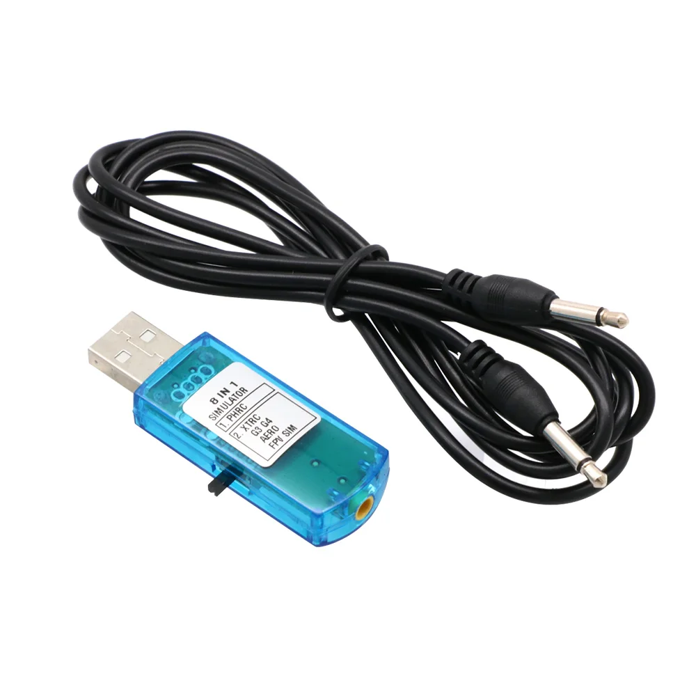 Simulateur de Vol USB 6 Canaux pour RC branché à un ordinateur, avec manette et câble adaptateur PPM visibles.