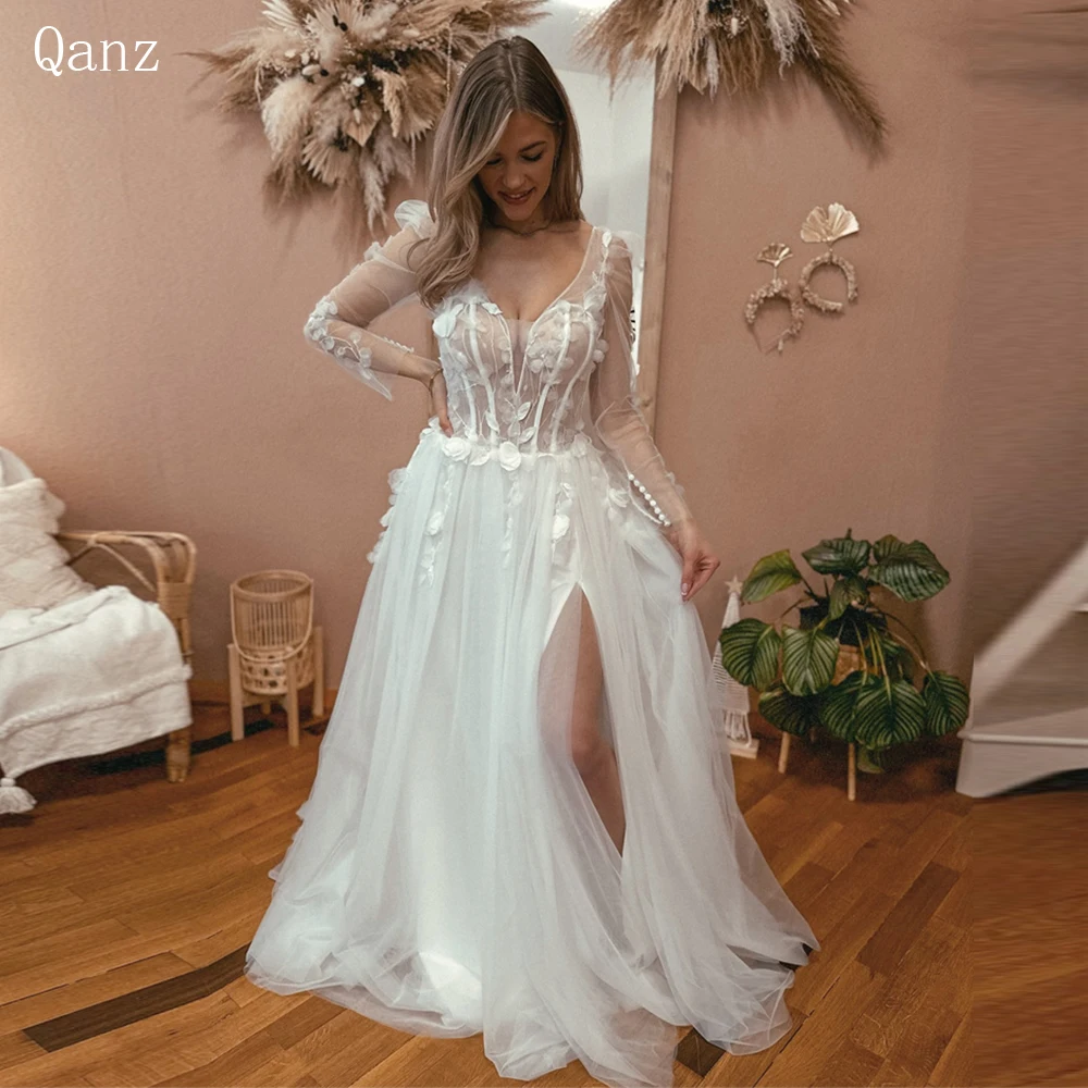 

Qanz A-line Tulle Wedding Dress Cap Sleeves Vestidos De Novia Sexy Side Split Appliques V-neck Boho Bridal Gowns Robe De Mariée