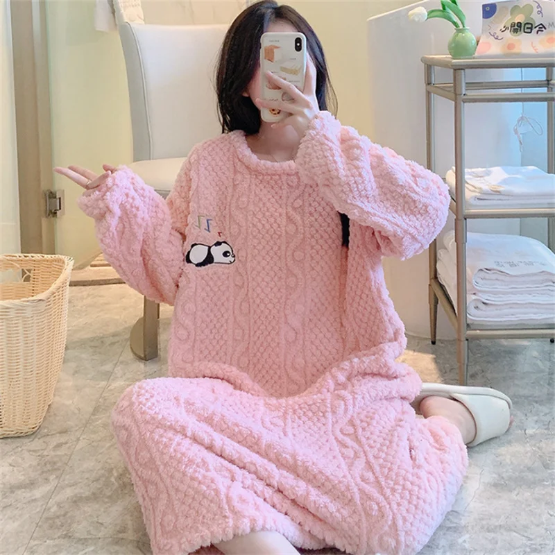 Autumn and Winter Cartoon Panda One-piece Pajamas Coral Fleece Thickened Warm Loungewear Mid-length Nightdress Sweet Nightwear