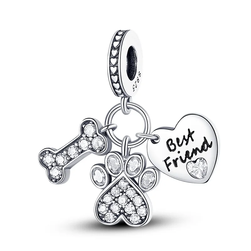 S925 Silver Plated Cute Claw Bone Love Beads Charms Pendants for Original Bracelets DIY Jewelry Gifts silver charms