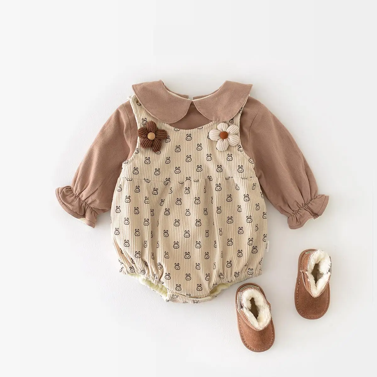 

Autumn Winter Boy Baby Plus Velvet Thicken Cute Rabbits Print 3d Flower Suspender Bodysuit Girl Sleeveless Cartoon Casual Onesie
