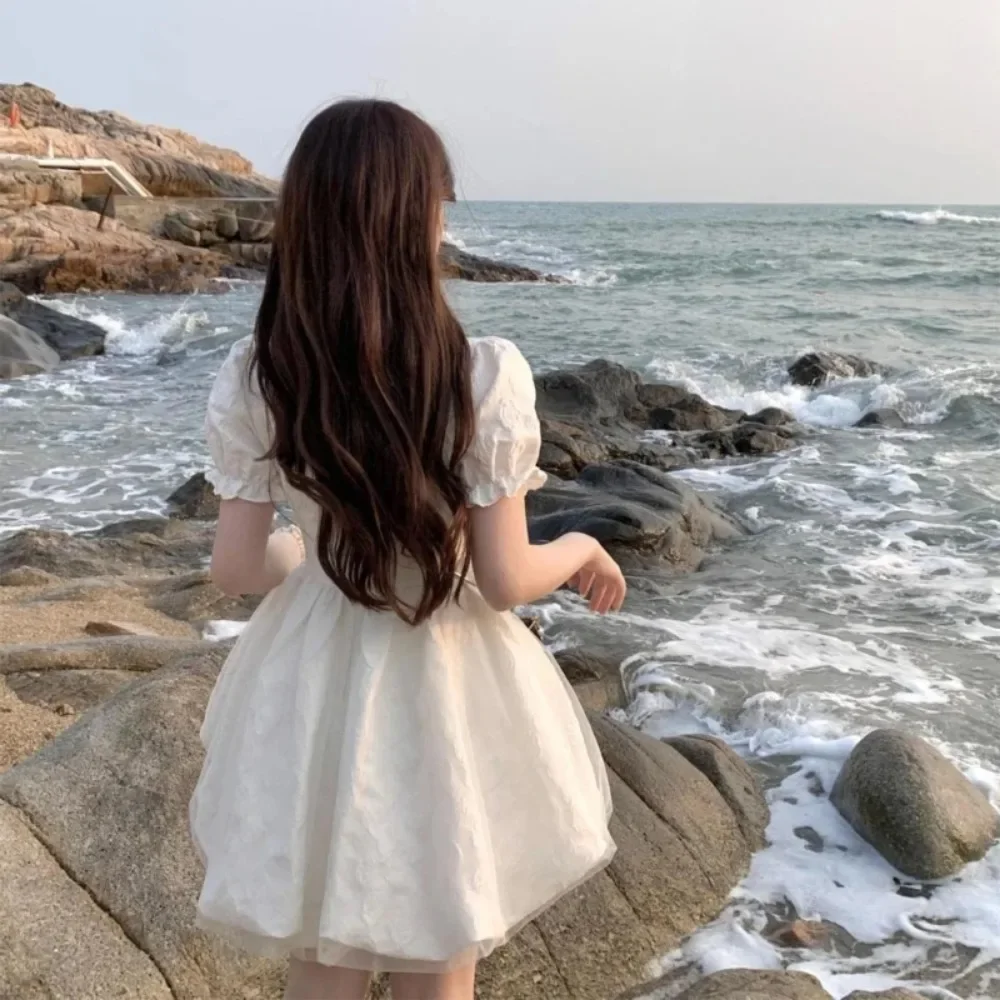 Elegant Women's Short Puff Sleeve Dress A Line Mini Dress Mesh Splicing Solid Sweet Party Dresses Perfect for Any Occasion