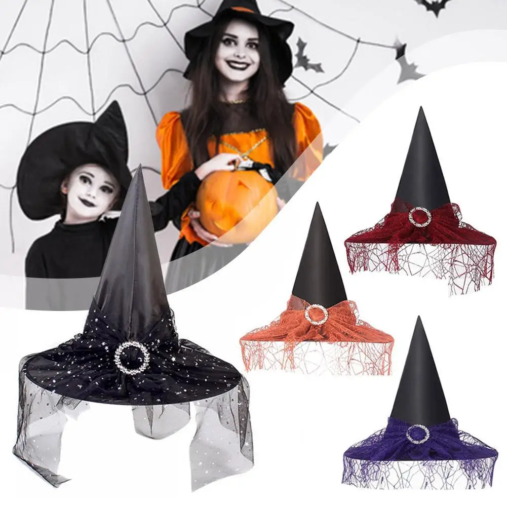 

Halloween Witch Hats with Spider Web Veil Adult Kids Wizard Hat Cosplay Costume Props Decoration Accessories Halloween Headdress