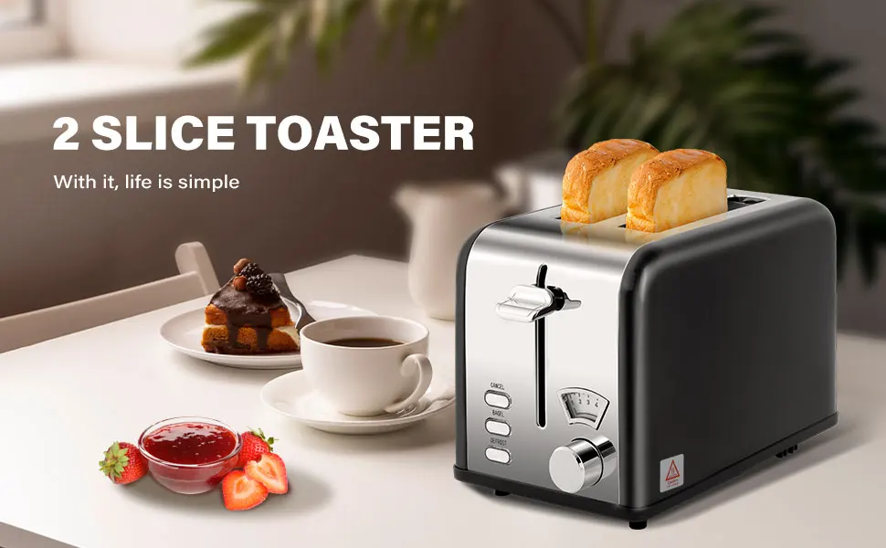 2-Slice Toaster with 1.5 inch Wide Slot, 5 Browning Setting and 3 Function: Bagel, Defrost & Cancel, Retro Stainless-Steel Style