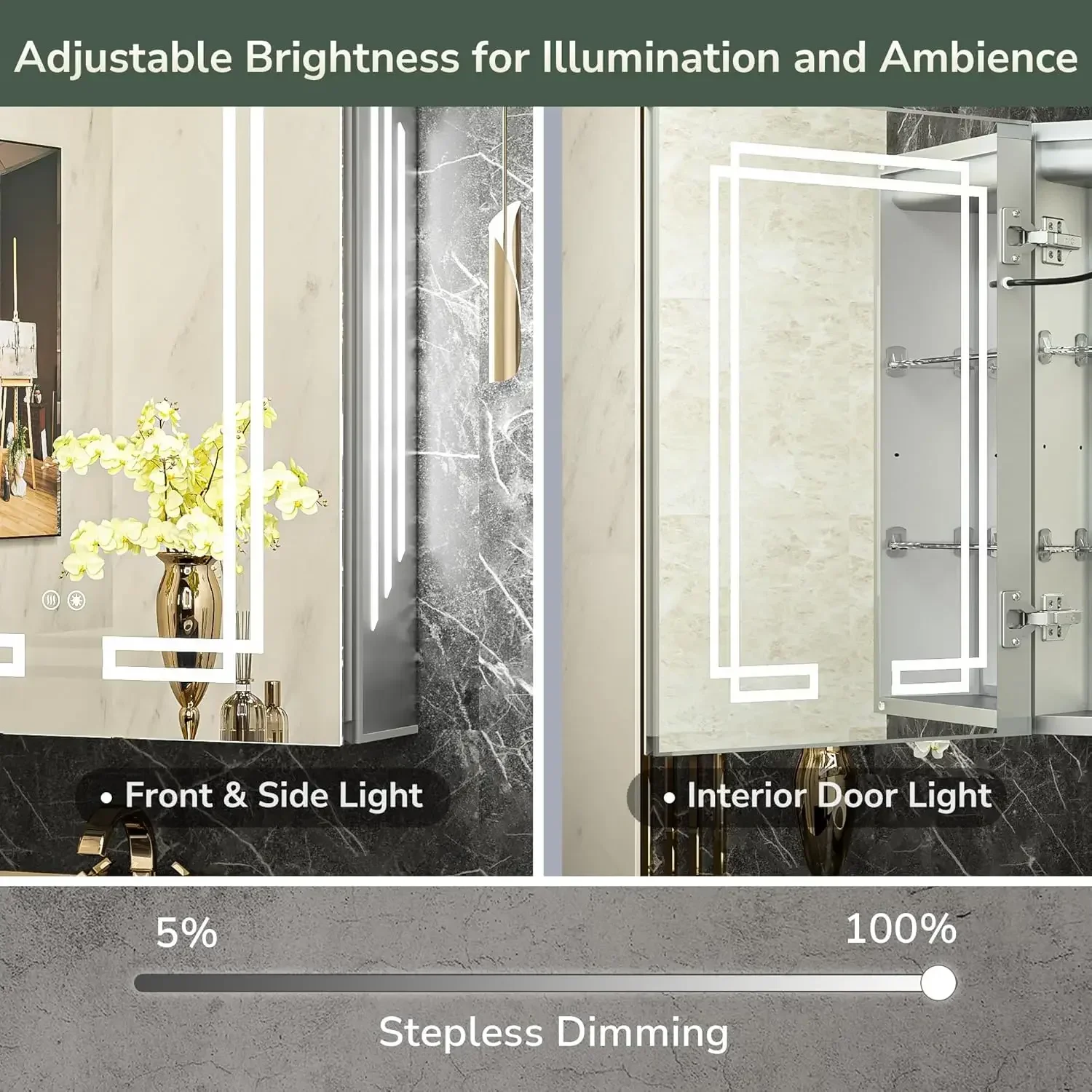 Lighted Bathroom Cabinet with 3 Colors Stepless Dimming Memory Funtion, Wall Mount Make up Mirror with Storage