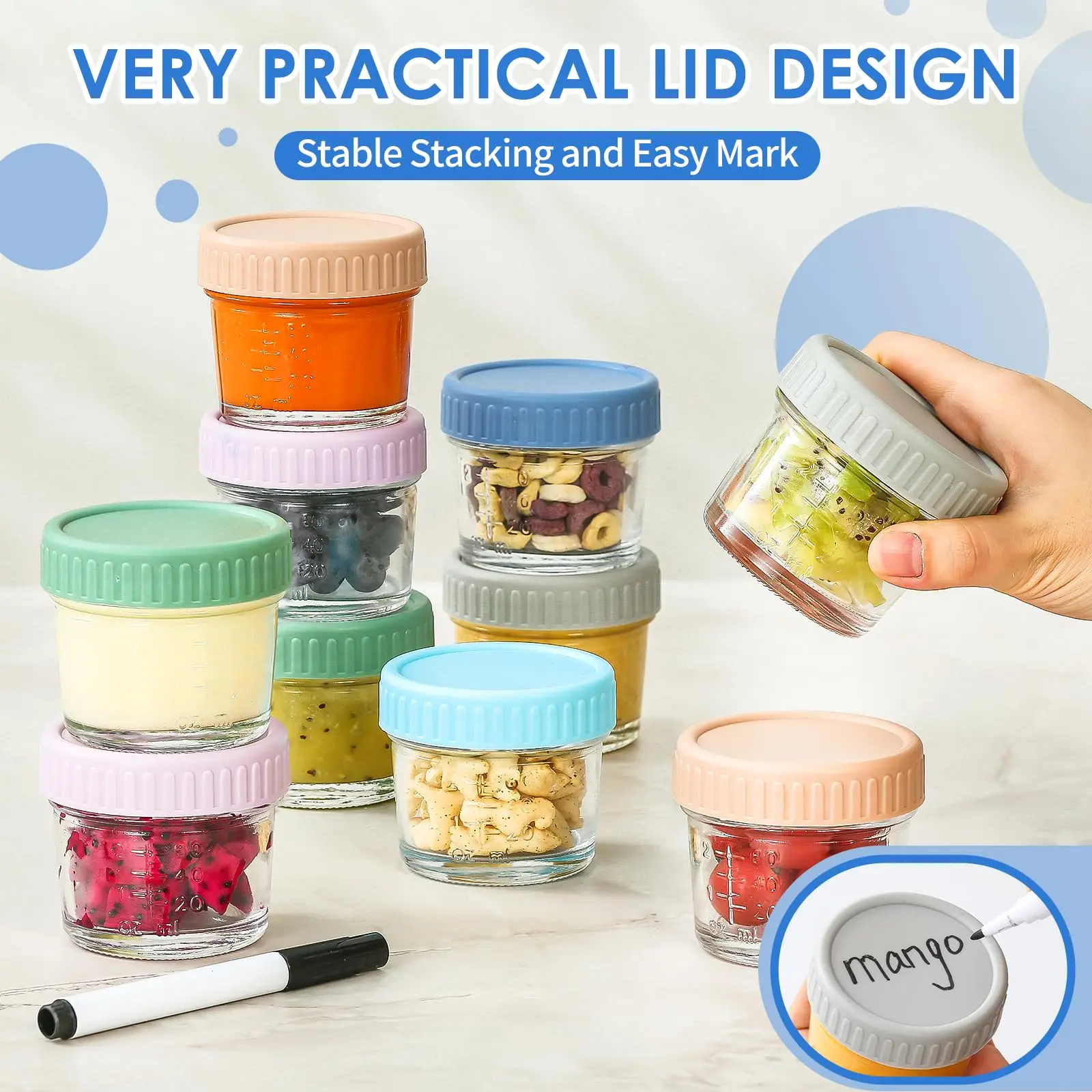 Glass baby food storage containers 4 oz Baby food jar lid Baby Maker Frozen safe reusable 6 packs glass storage jar glass storage container