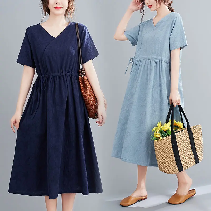 

Large Size Women's 2023 Summer Dress Vintage Style V-Neck Short Sleeve Cotton Linen Dress Casual Clothing Z317