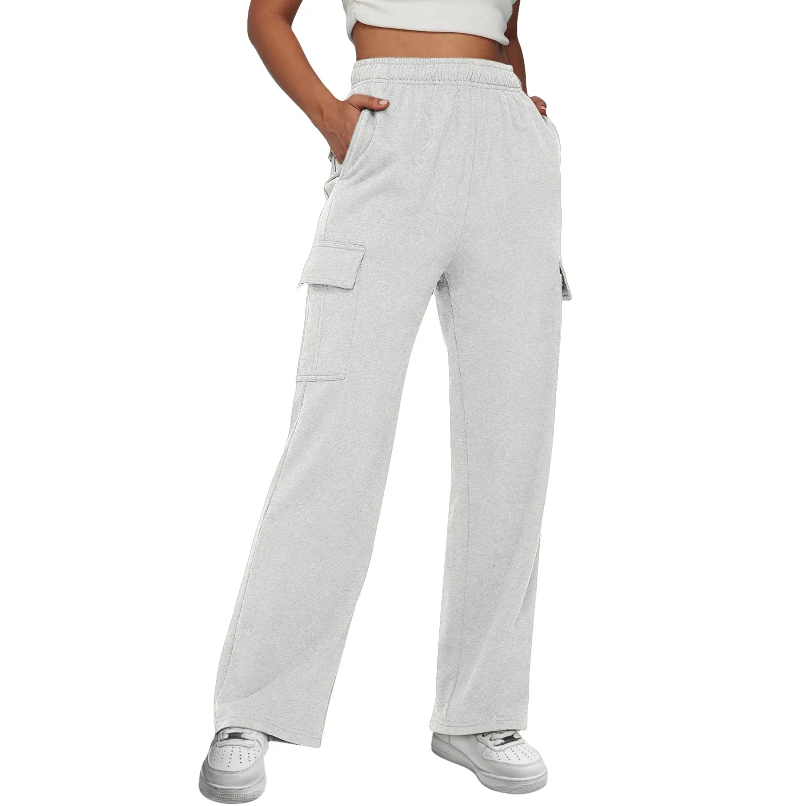 Women's Daily Outdoor Elastic Waist Multiple Pockets Casual Trousers Solid Color Fashionable Straight Leg Cargo Pants For Women
