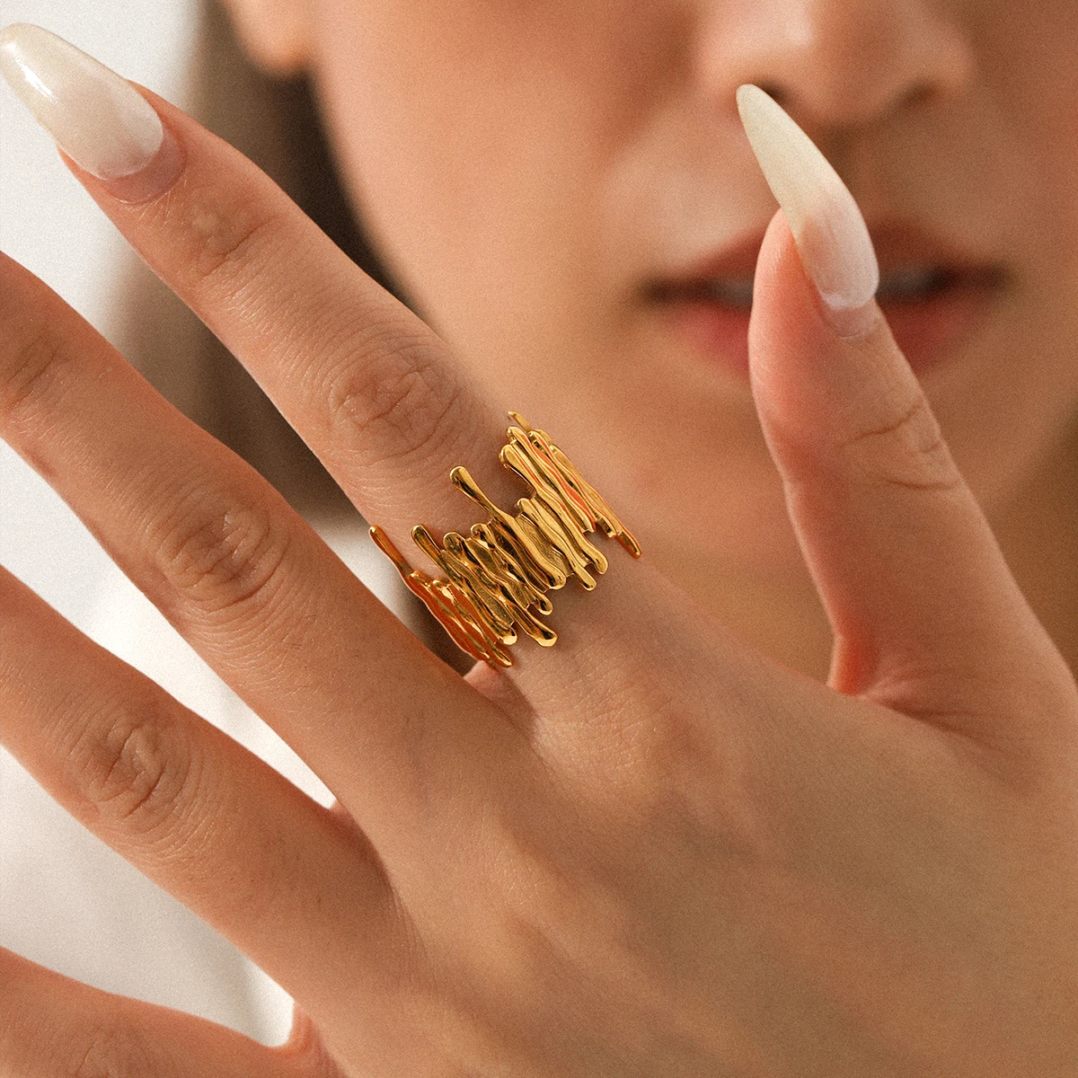 Huangchao Edelstahlring, stapelbarer Texturstreifen, 18 Karat vergoldet, offener Ring, Schmuck, Damenschmuck, Geschenk