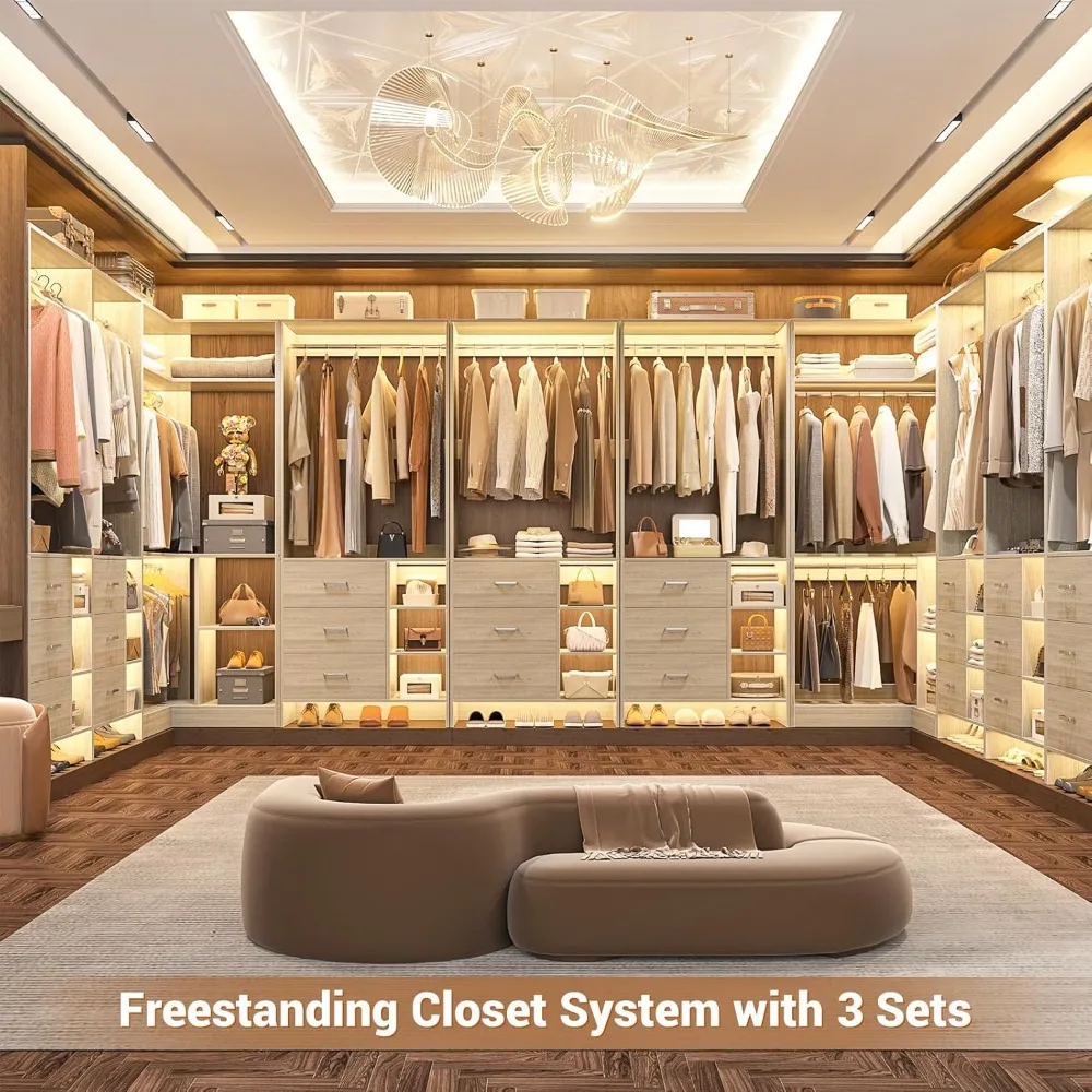 Closet System with 6 Drawers, 4 Hanging Rods & Corner Tower, Corner Closet System with Hanging,92.6" L-Shaped Walk-In, Wardrobes 4