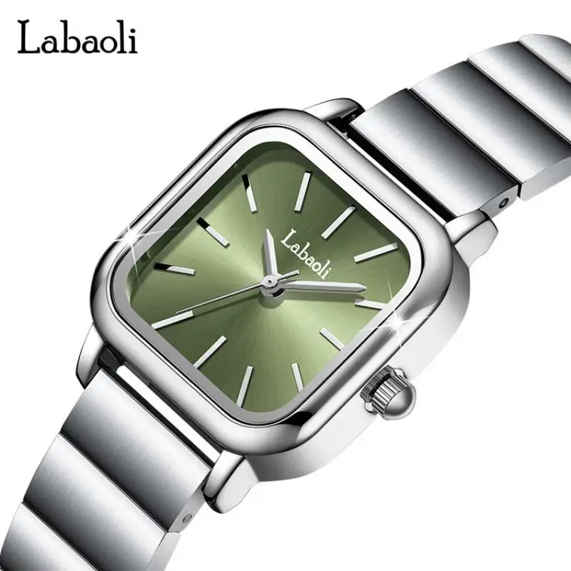 LABAOLI Women Minimalist Green Watches For Women Wristwatches Quartz Stainless Steel Square Silver Steel Ladies Wrist Watches