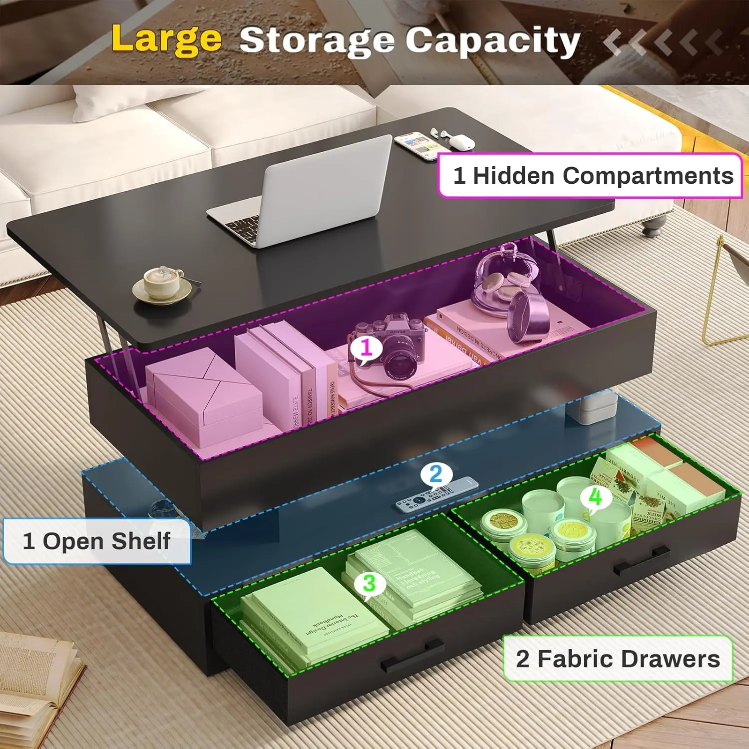 40" Lift Top Coffee Table, Coffee Tables with Storage for Living Room, Small Coffee Table with 2 Drawers & LED Light 4