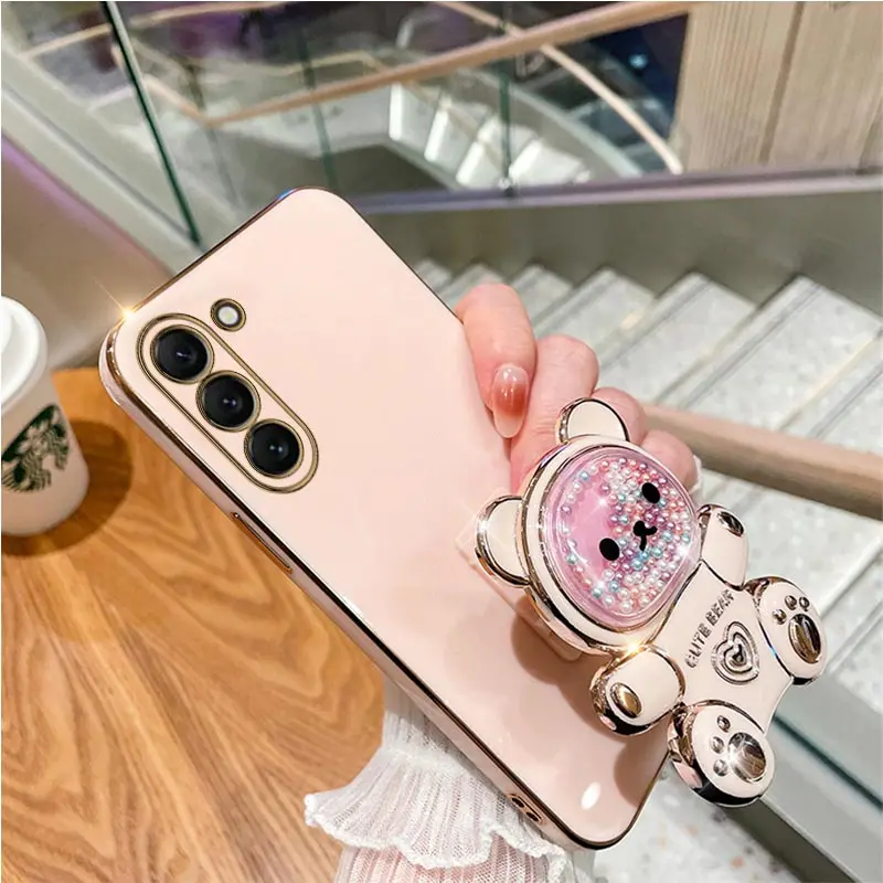 Coque de téléphone plaquée avec support d'ours mouvant, étui mignon pour Samsung Galaxy S23 S21 S20 S22 S10 Note 10 20 23 Plus Ultra S21Fe_voghion.com
