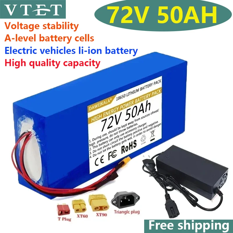 

2024 72V 50AH 18650 Lithium Battery Pack A-level Battery Cells BMS 3000W High Power Battery DIY Production Free 84V 3A Charger