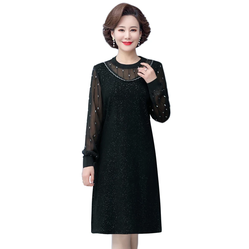 

Women Middle-aged Dress Fashion Elegant Casual O Neck Long-Sleeve New Spring Autumn Solid Color Female Dress Clothing