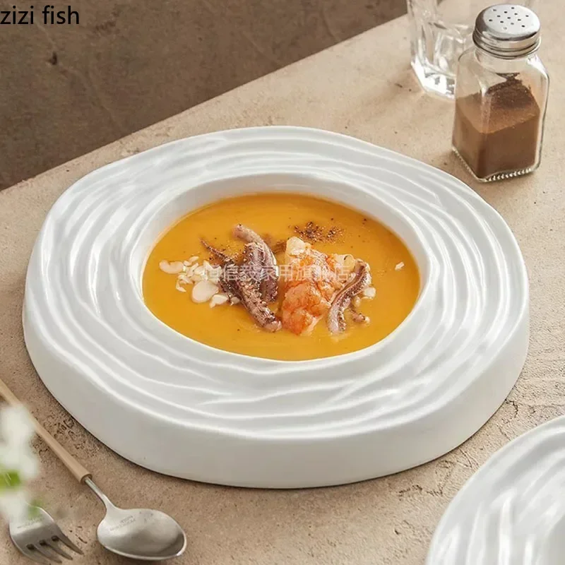 Pure White Ceramic Water Wave Pattern Thick Soup Plate Dessert Plate Sushi Dish Restaurant Molecular Cuisine Specialty Tableware