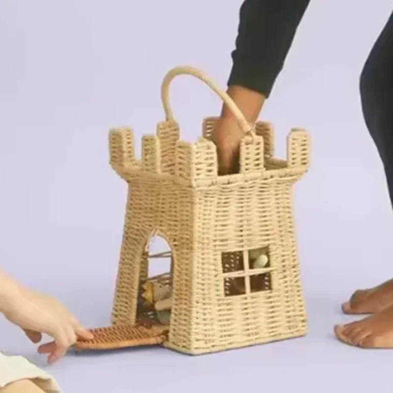 Hand-woven Storage Baskets Rustic Vacation Picnic Carrying Basket Children Design Cute Rattan Castle Bag Kids Toys Photo Props 4