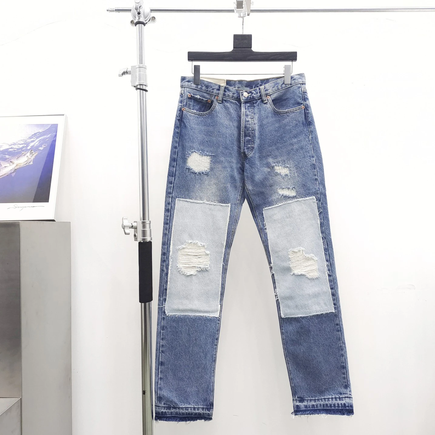 

GD Spring Summer Men's Patch Worn Vintage Washed Jeans