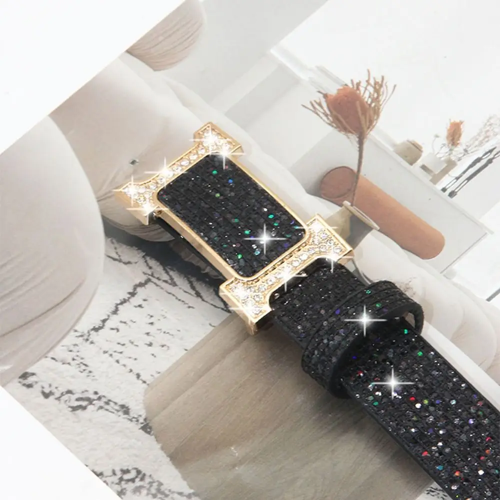 Fashion Bling Bling Sparkling Rhinestone Belt Glitter Versatile PU Leather Belt Luxury Brand Design Slide Buckle Belt Women
