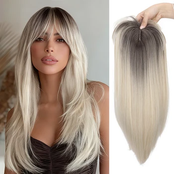 Topper per capelli da donna con frangia: 3D 360 °   Pezzo di capelli sintetici lunghi e lisci con copertura soffice per capelli diradati, dorato con scuro