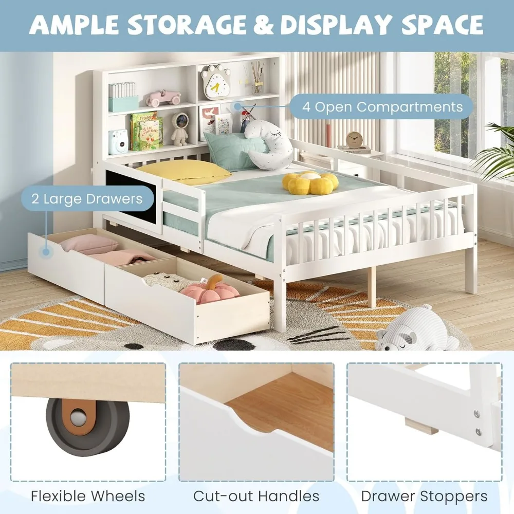 Full Bed with 2 Storage Drawers,w/Bookcase Headboard & Blackboard,Wooden Slats Support,Full Size Bed Frame 3