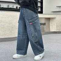 ربيع الخريف الاطفال فضفاض مستقيم فضفاض البضائع الجينز مع جيب لصبي التصميم الكلاسيكي الأزرق الدنيم السراويل الأطفال بناطيل كاجوال 5