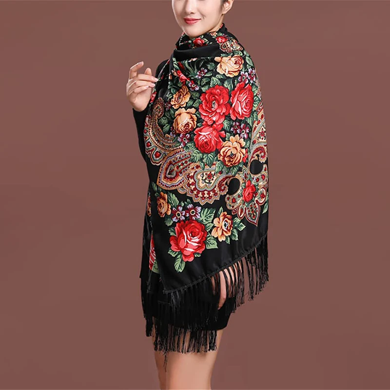 Frauen Luxus Floral Bedruckte Russische Schal Ukrainische Fransen Schals Babuschka Taschentuch Kopf Wraps Reise Schal – Detail 16