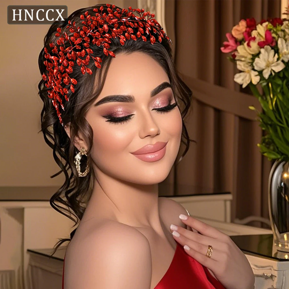 HNCCX 럭셔리 레드 컬러 라인스톤 머리띠 신부 와이드 헤어 밴드 웨딩 헤어..