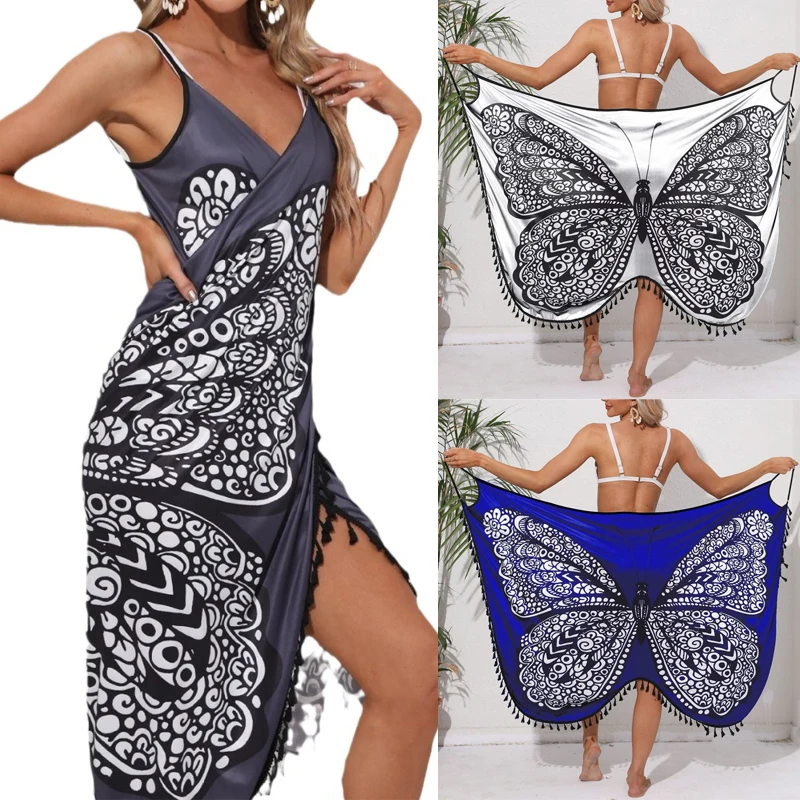 Women’s Butterfly Print Bikini Cover-Up – Sexy Summer Tunic, Bath Sarong Wrap Skirt, Elegant Swimsuit Beachwear Safety Accessories Scarves & sarongs