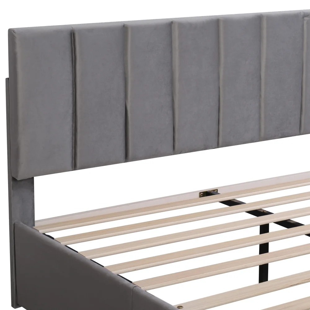 Luxuriöses Graues Samt-Polsterbett 140x200cm Modernes Schlafzimmerbett mit Lattenrost, Kopfteil und 4 Aufbewahrungsschubladen – Detail 29